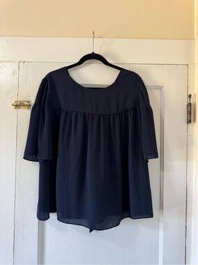 Ann Taylor Navy Swing Blouse with Flutter Sleeves